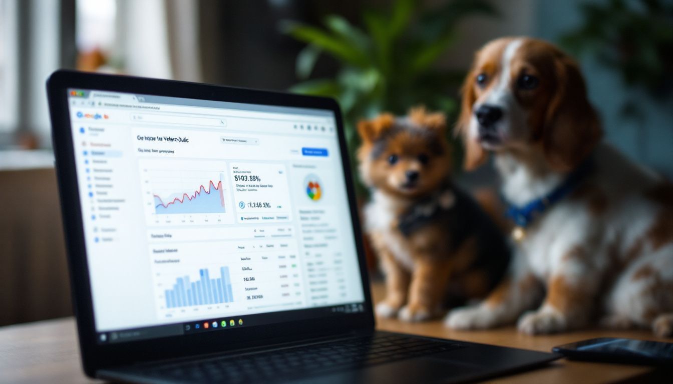 2 Small dogs on a a desk while a DVM looks at the google ads stats for their veterinary clinic and animal hospital